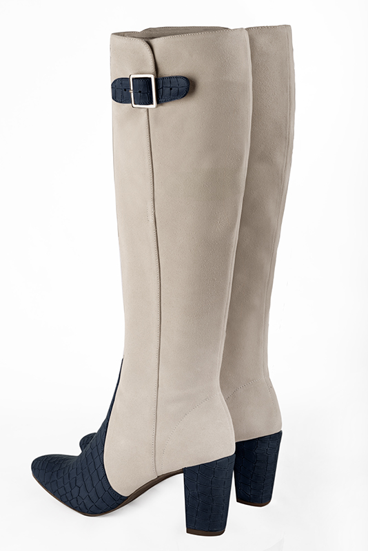 Navy blue and off white women's knee-high boots with buckles. Round toe. High block heels. Made to measure. Rear view - Florence KOOIJMAN